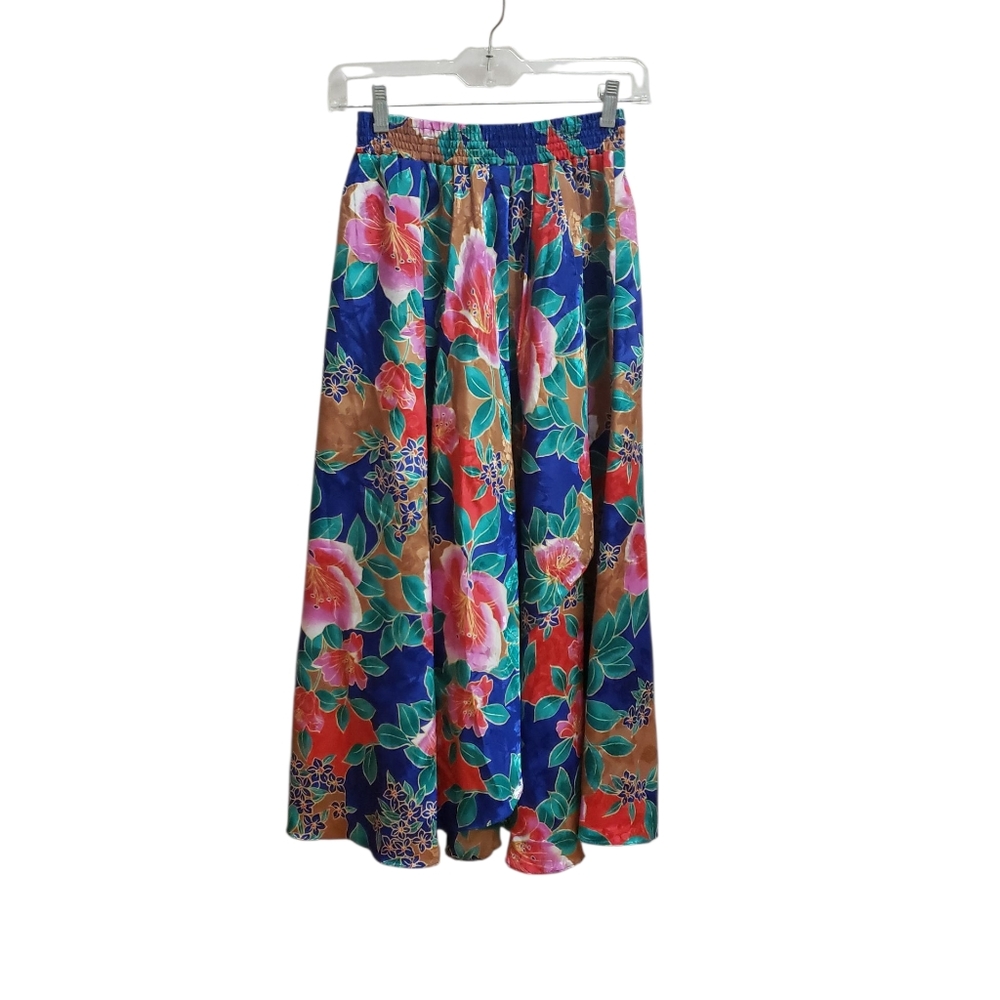 Ladymaid Floral Maxi Skirt in Blue and Pink Womens Size M Elastic Waist Vintage